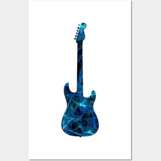 Blue Flame Guitar Silhouette on Black Posters and Art